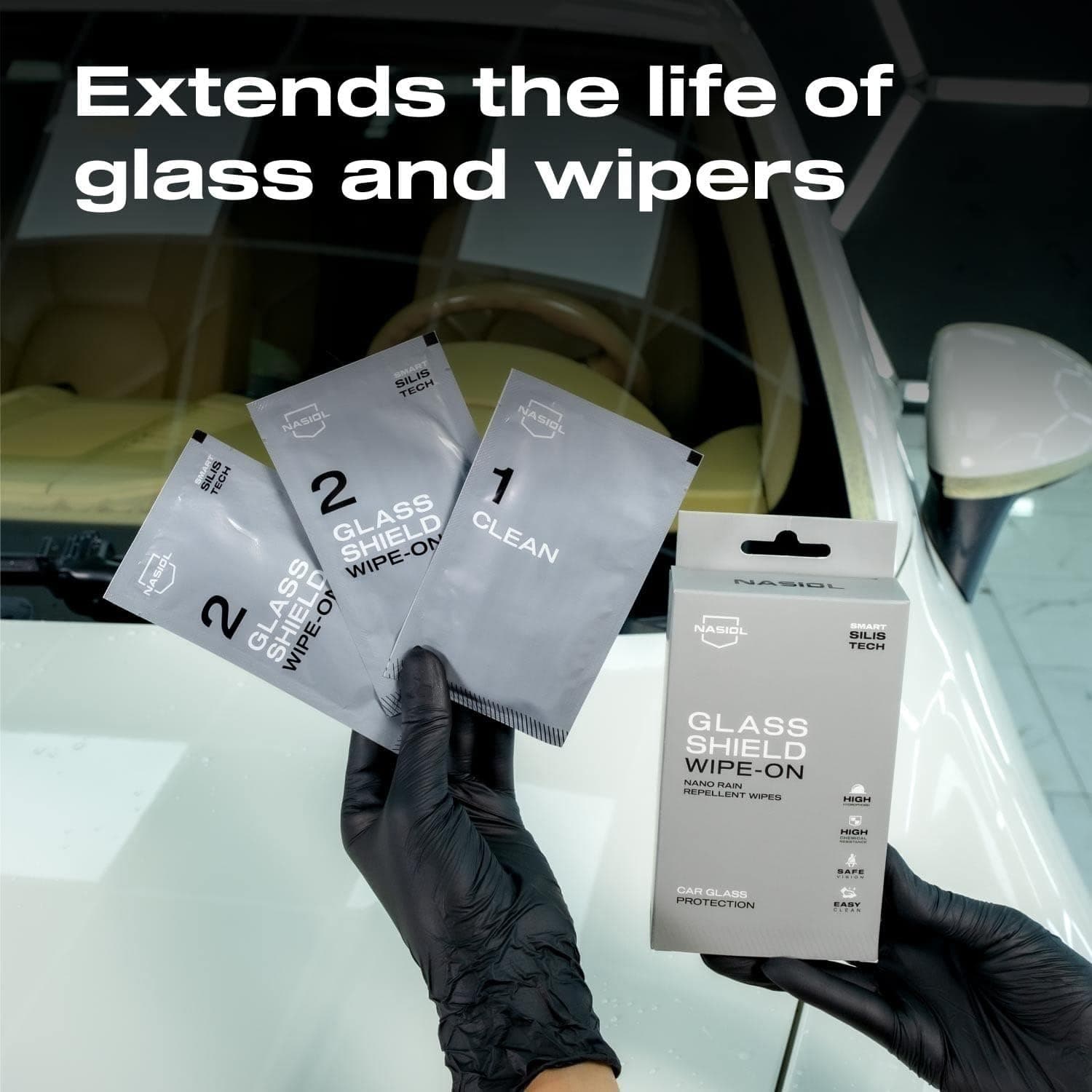 GlasShield Wipe On | Lingettes Anti-Pluie Nano | Universel | Jusqu'à 1 an de protection